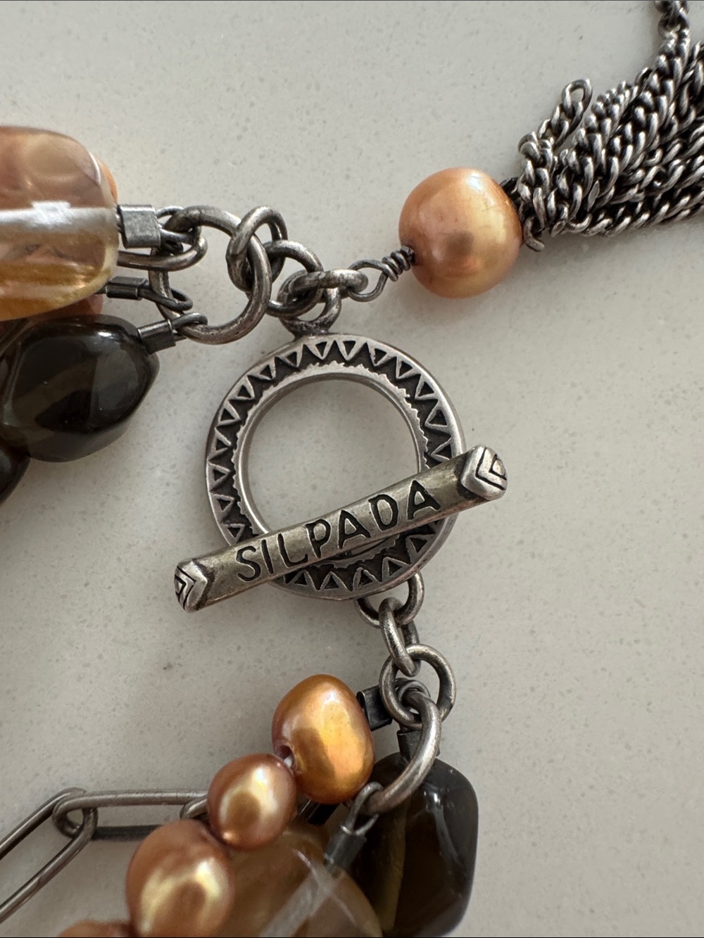 Silpada Copper Pearls Smoky Quartz 925 Sterling Tassel Toggle Bracelet B1412 - Picture 3 of 3